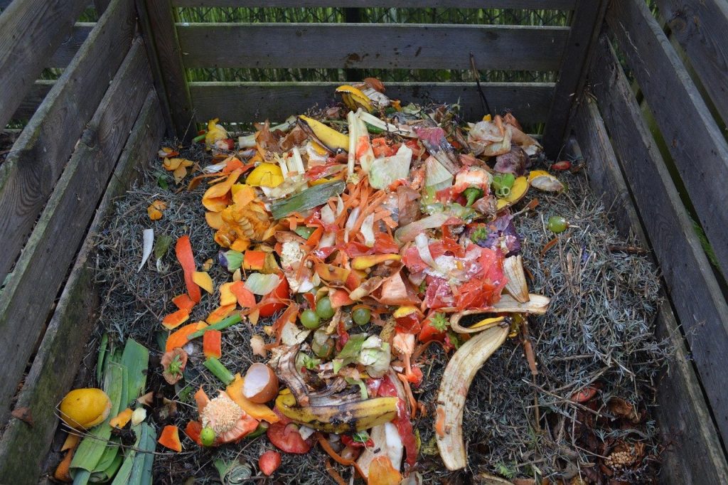 Épluchures et déchets végétaux dans un bac de compostage en bois