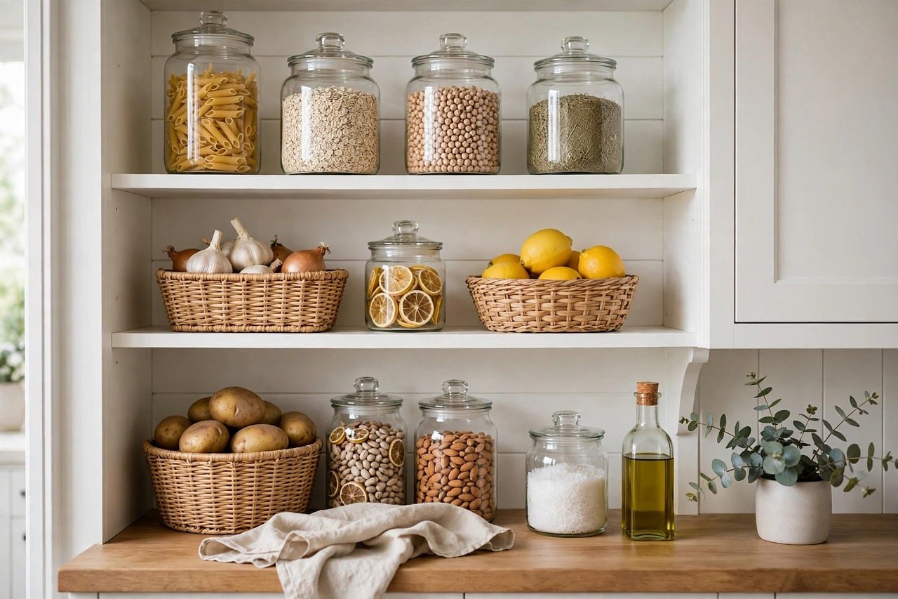 Étagère de rangement organisée avec bocaux et paniers dans une petite cuisine